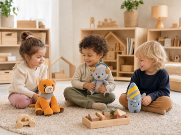 Drei Kinder spielen mit Lenabies auf einem Teppich in einer hellen Kita während der Eingewöhnung.