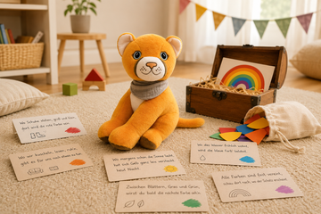 Regenbogen-Schatzsuche für Kinder mit Lenabie Tali, bunten Hinweiskarten, Regenbogensplittern und Schatzkiste im Kinderzimmer.