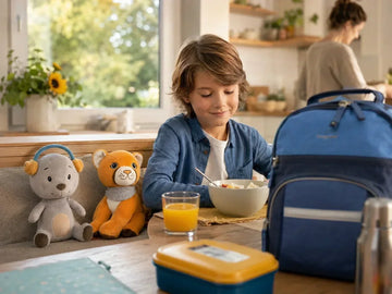 Kind beim Frühstück vor dem Schulstart mit Schulranzen und den Lenabie-Kuscheltieren Arron dem Bär und Tali dem Puma.