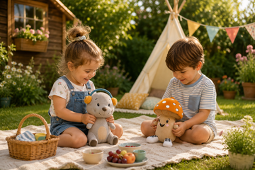Sommer mit Kleinkind: Zwei Kinder spielen mit den Lenabies von Lenabo auf einer Picknickdecke im Garten und entdecken bildschirmfreie Beschäftigung im Freien.