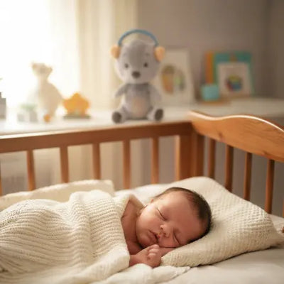 Das Baby ist dabei, in der Wiege einzuschlafen, und Lenabie Aaron steht neben der Wiege und spielt ein beruhigendes Weißes Rauschen, um dem Baby beim Einschlafen zu helfen.