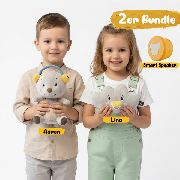 Lenabo Starter Kit 2er Bundle mit Lenabie Aaron (Bär) und Lenabie Lina (Wolke) sowie Lenabo Smart Speaker – smartes, modulares Audiosystem für Kinder von 0 bis 7+ Jahren, ideal für Geschichten, Musik und frühe Lernförderung, kompatibel mit allen Lenabies, per App steuerbar und flexibel erweiterbar.