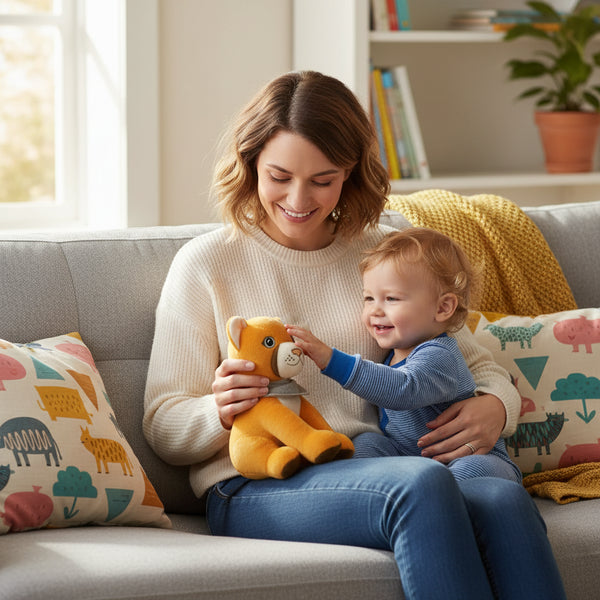 Lenabie Tali (Puma) Audio-Kuscheltier für Babys und Kleinkinder – Kuscheltier mit entnehmbarem Smart Speaker Modul, ideal ab 0 Jahren für Musik, Weißes Rauschen und erste Hörspiele, weiches Plüschtier als Audiobegleiter für Zuhause, gemeinsames Spielen und Einschlafrituale mit Eltern und Kind