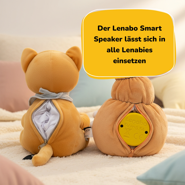 Lenabo Starter Kit 2er Bundle mit Lenabies Tali Puma und Mia Muschel inklusive Lenabo Smart Speaker, Rückansicht mit Reißverschlussfach zur Aufnahme des austauschbaren Lautsprechers, kompatibel mit der Lenabo App für Weißes Rauschen, Einschlafmelodien, Gute-Nacht-Geschichten, Hörspiele und Lerninhalte für Kinder von 0–7 Jahren