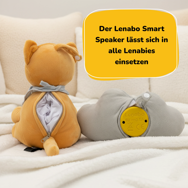 Lenabo Starter Kit 2er Bundle mit Lenabies Tali Puma und Lina Wolke inklusive Lenabo Smart Speaker, Rückansicht mit Reißverschlussfach zur Aufnahme des austauschbaren Lautsprechers, kompatibel mit der Lenabo App für Weißes Rauschen, Einschlafmelodien, Gute-Nacht-Geschichten, Hörspiele und Lerninhalte für Kinder von 0–7 Jahren
