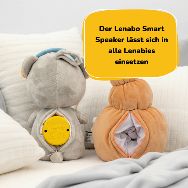 Lenabo Smart Speaker eingesetzt in Lenabie Aaron (Bär) und Mia (Muschel) – flexibler, mobiler Audio-Kern für alle Lenabies, einfach herausnehmbar und austauschbar, interaktives Hörspiel-Kuscheltier-System.