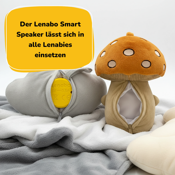 Lenabo Starter Kit mit Lenabie Felix (Pilz) und Lenabie Lina (Wolke) – Rückansicht mit Reißverschlussöffnung für den Lenabo Smart Speaker, austauschbares Audiomodul für interaktive Hörspiele, Musik und Einschlafgeschichten ab Geburt.