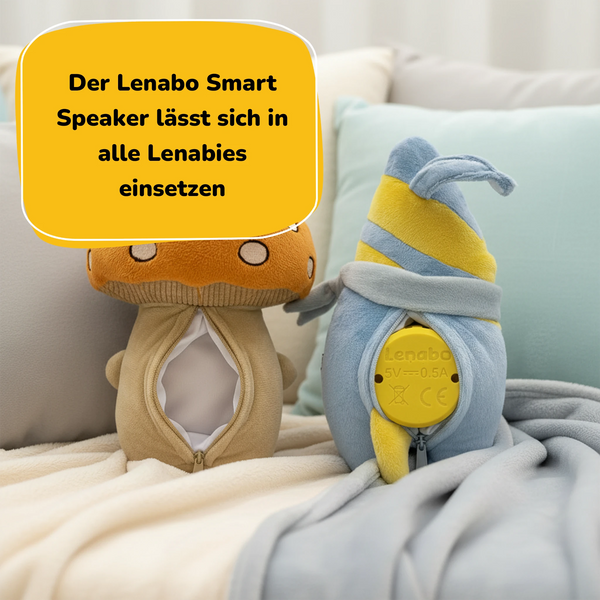 Rückansicht des Lenabo Starter Kits mit Lenabie Felix (Pilz) und Nalu (Surfboard) – integrierter Lenabo Smart Speaker wird per Reißverschluss eingesetzt und ist mit allen Lenabies kompatibel, ideales Hörspiel-Kuscheltier für Kinder ab 0 Jahren.