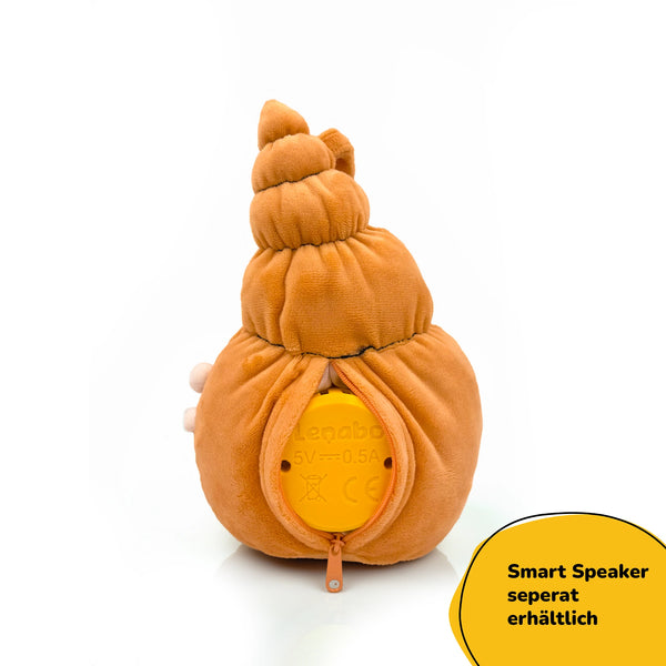 Rückansicht Lenabie Mia (Muschel) mit Reißverschlussfach und eingesetztem Lenabo Smart Speaker – herausnehmbares Soundmodul, separat erhältlich, für waschbares und hygienisches Kuscheltier mit Audiofunktion