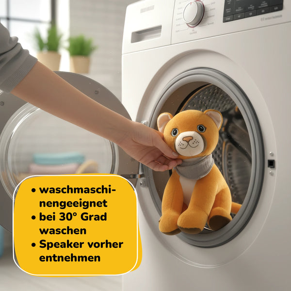 Lenabie Tali (Puma) waschbares Audio-Kuscheltier – maschinengeeignet bei 30 Grad, Smart Speaker Modul vor dem Waschen entnehmbar, hygienisches und pflegeleichtes Kinderkuscheltier für Babys und Kinder, langlebig und alltagstauglich